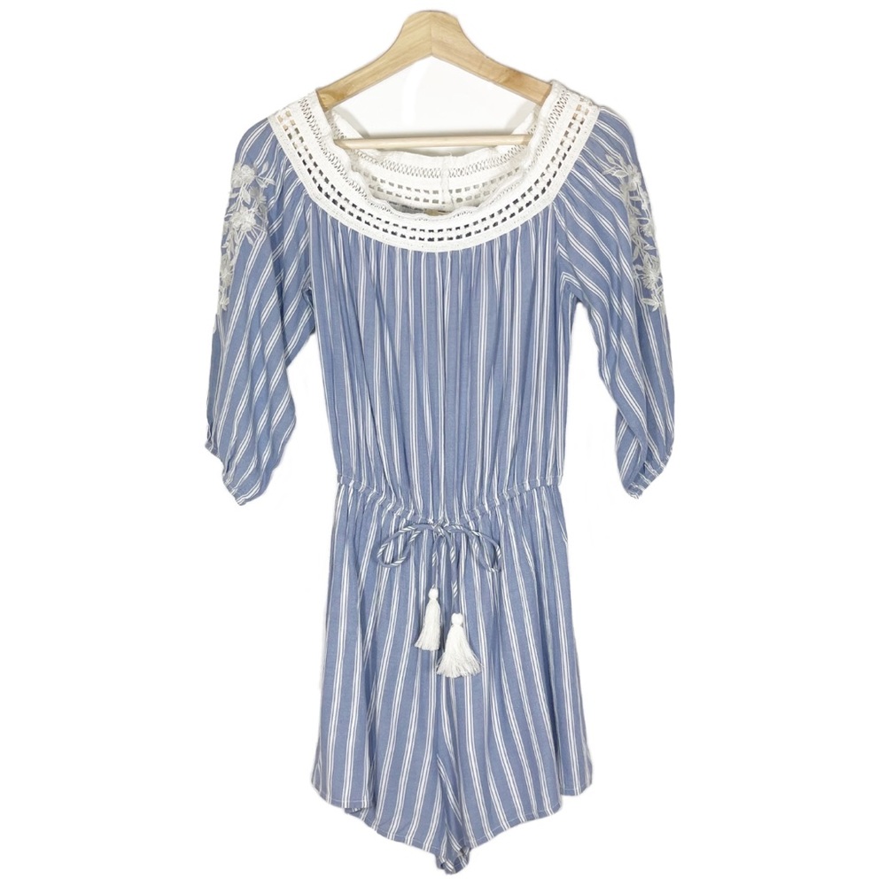 Hollister Off The Shoulders Romper Lace 3/4 Sleeves Striped Blue Sz M